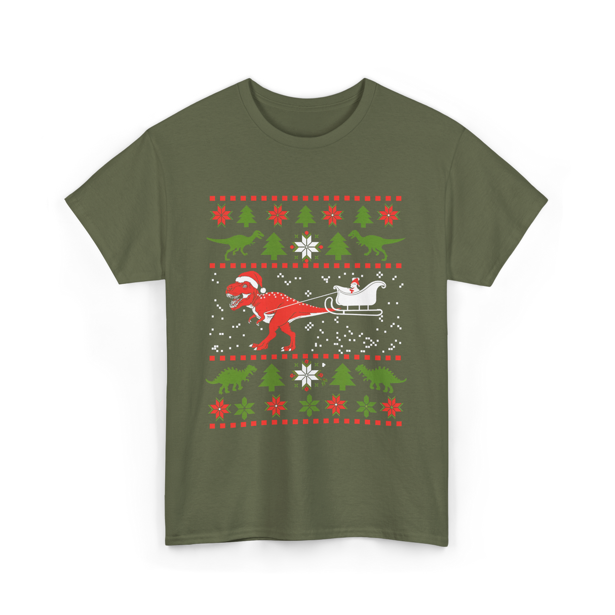 Dinosaur Christmas Sweater Dino T-Shirt - Military Green