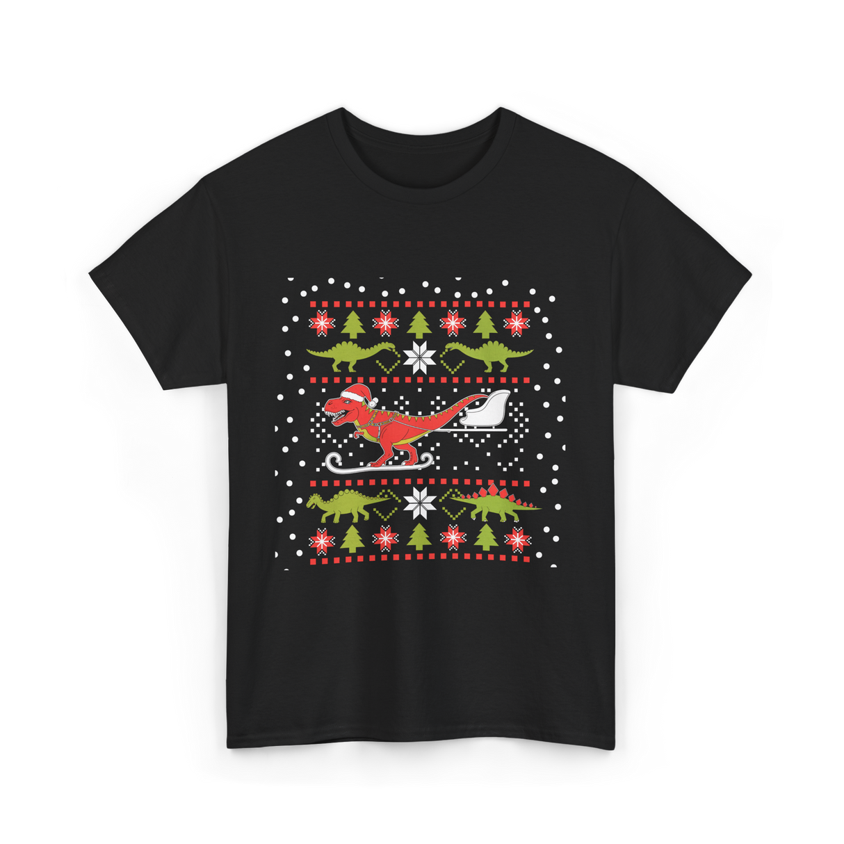 Dinosaur Christmas Sweater Holiday T-Shirt - Black