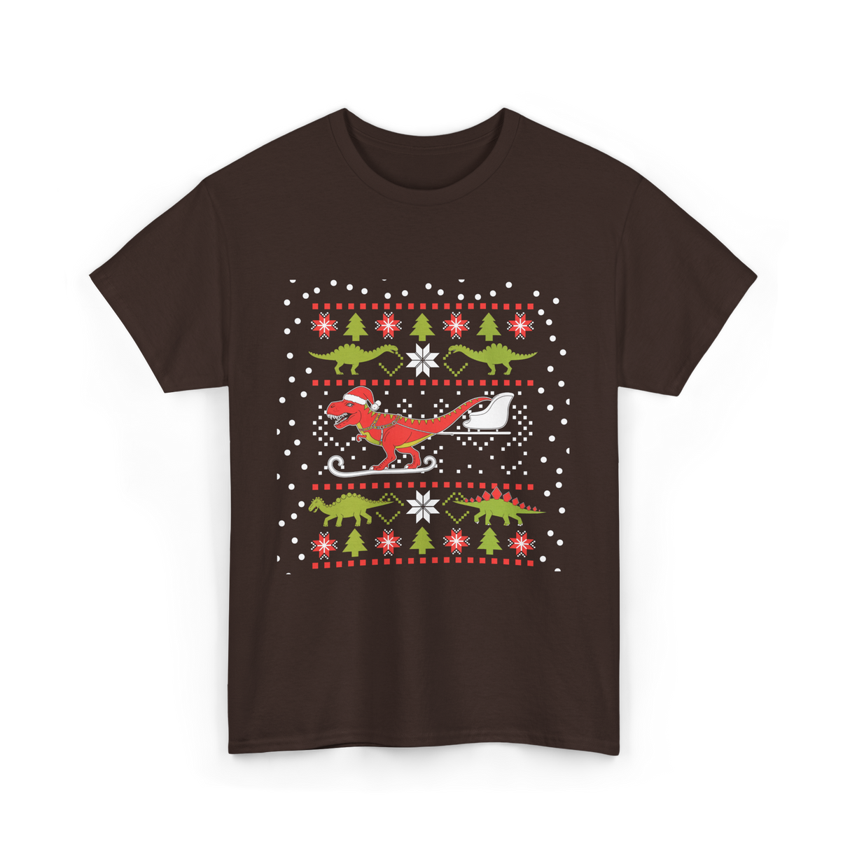 Dinosaur Christmas Sweater Holiday T-Shirt - Dark Chocolate