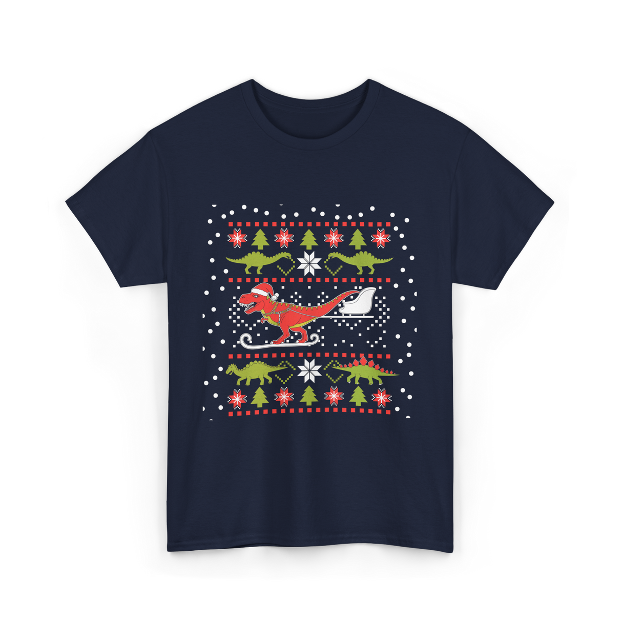 Dinosaur Christmas Sweater Holiday T-Shirt - Navy