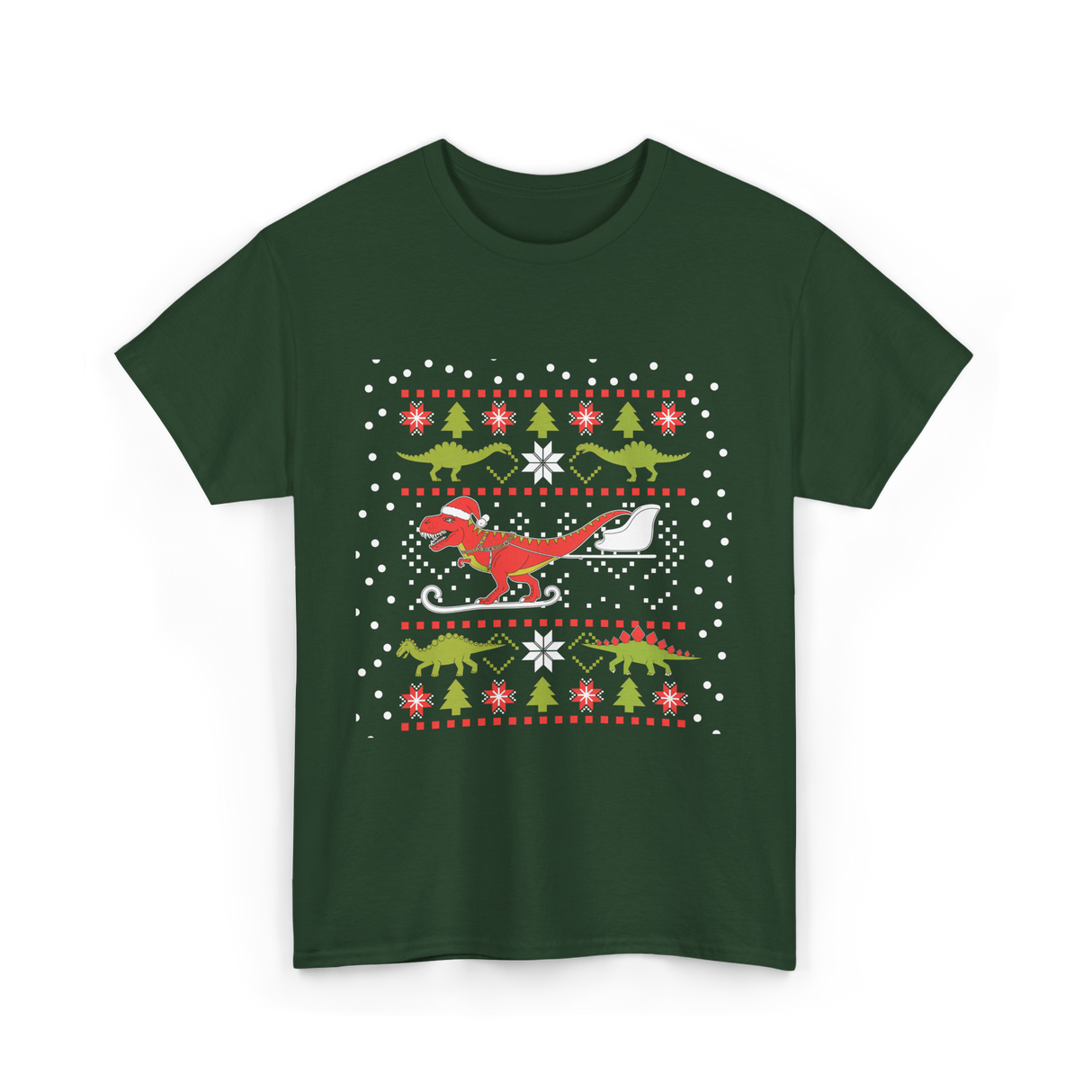 Dinosaur Christmas Sweater Holiday T-Shirt - Forest Green