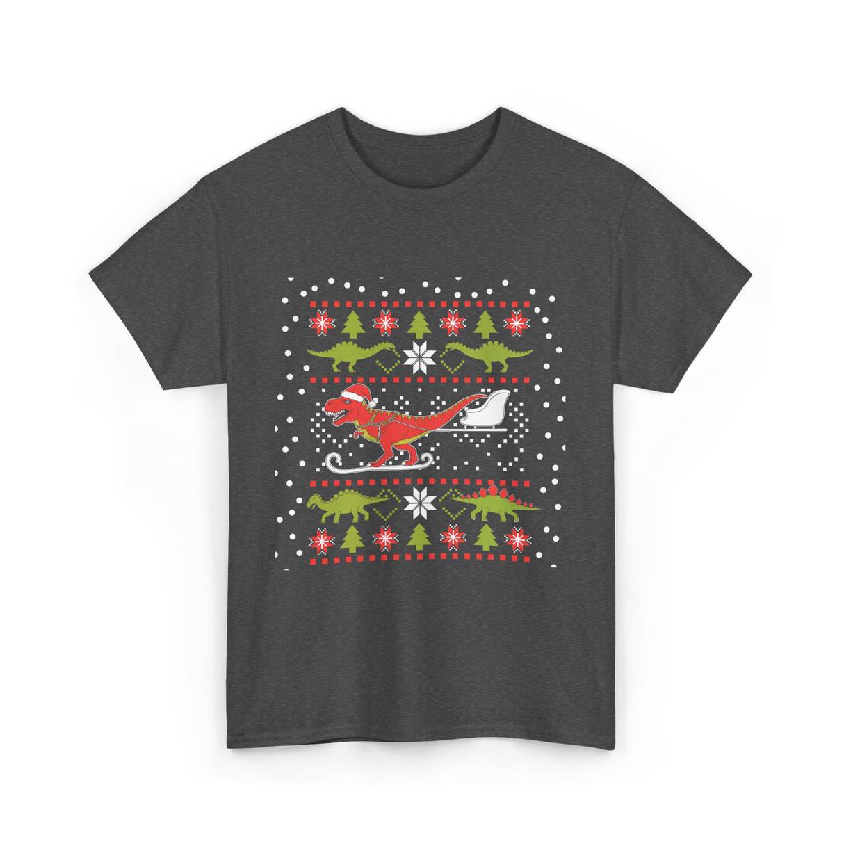 Dinosaur Christmas Sweater Holiday T-Shirt - Dark Heather