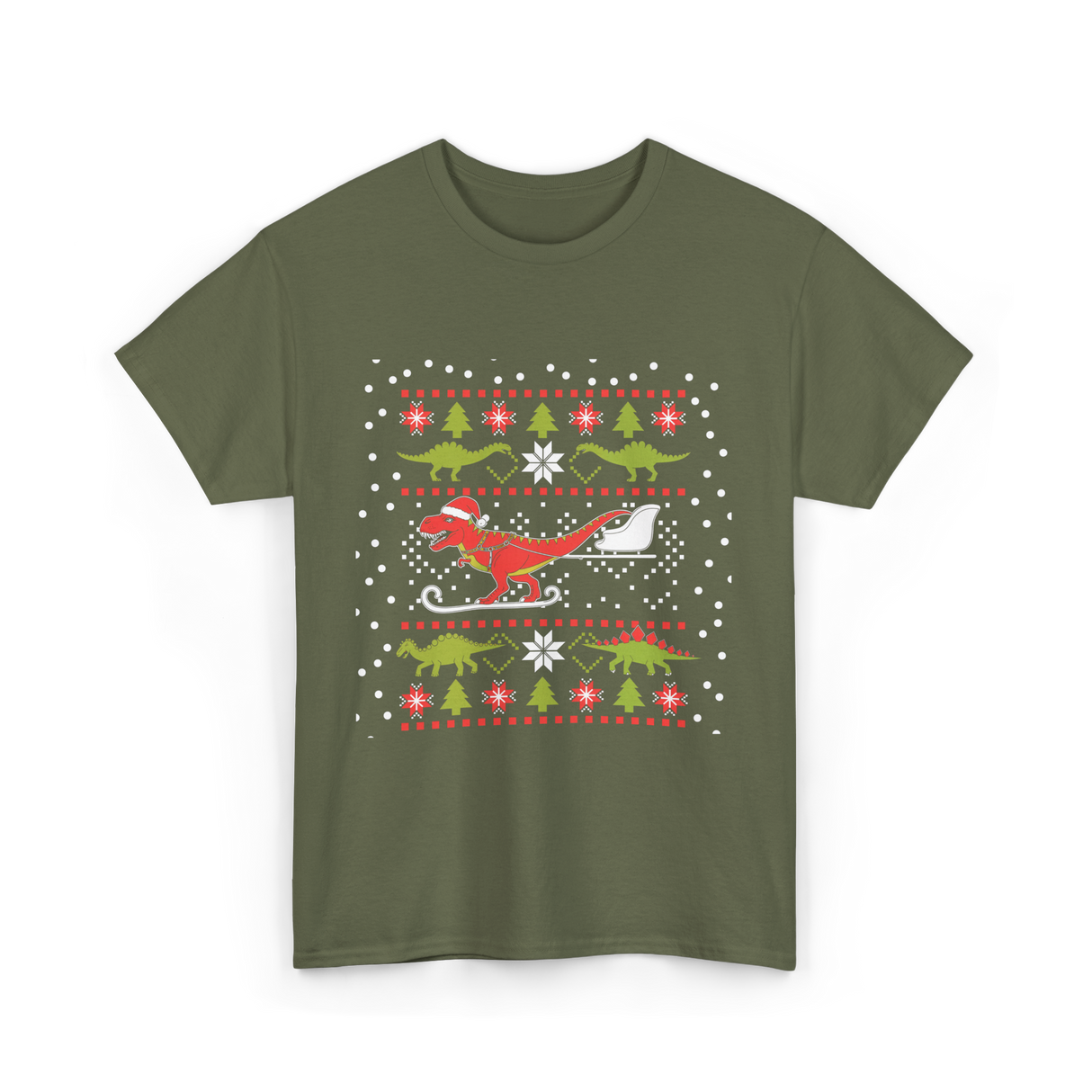 Dinosaur Christmas Sweater Holiday T-Shirt - Military Green