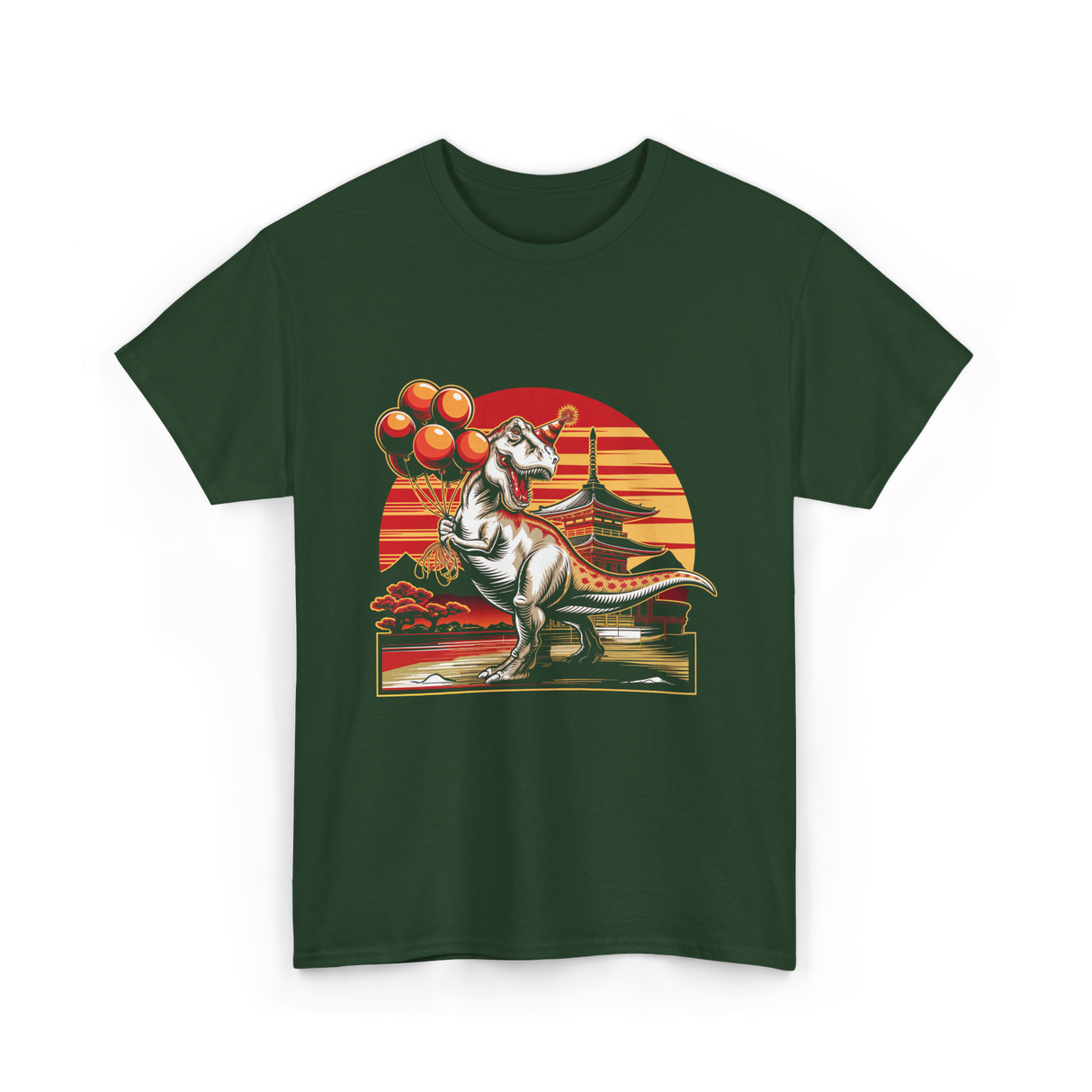 Dinosaur with Balloons Dinosaur T-Shirt - Forest Green