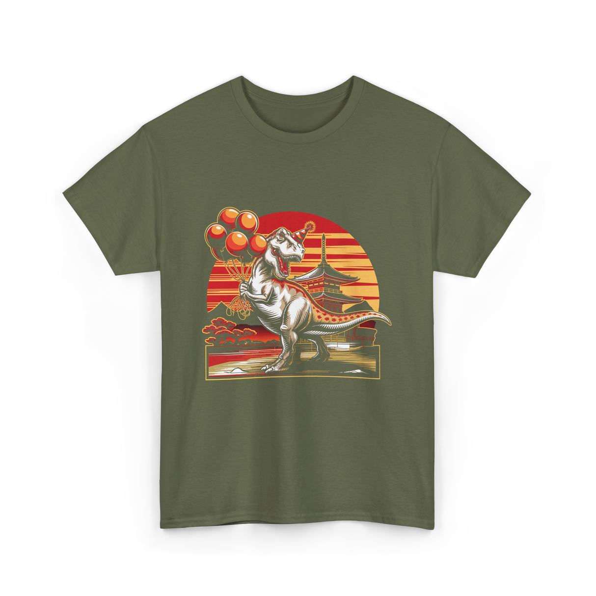 Dinosaur with Balloons Dinosaur T-Shirt - Military Green