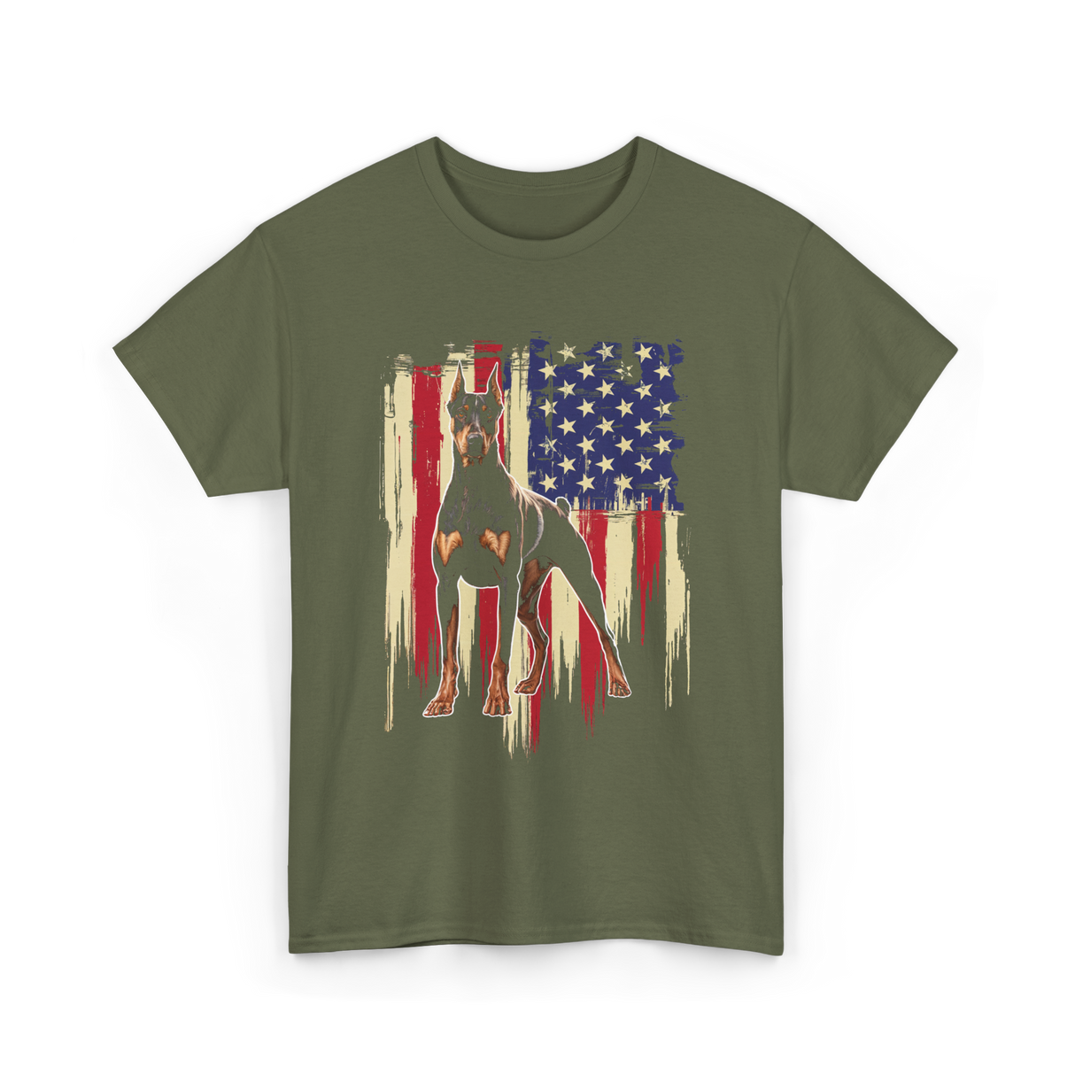 Doberman Pinscher American Flag Dog T-Shirt - Military Green