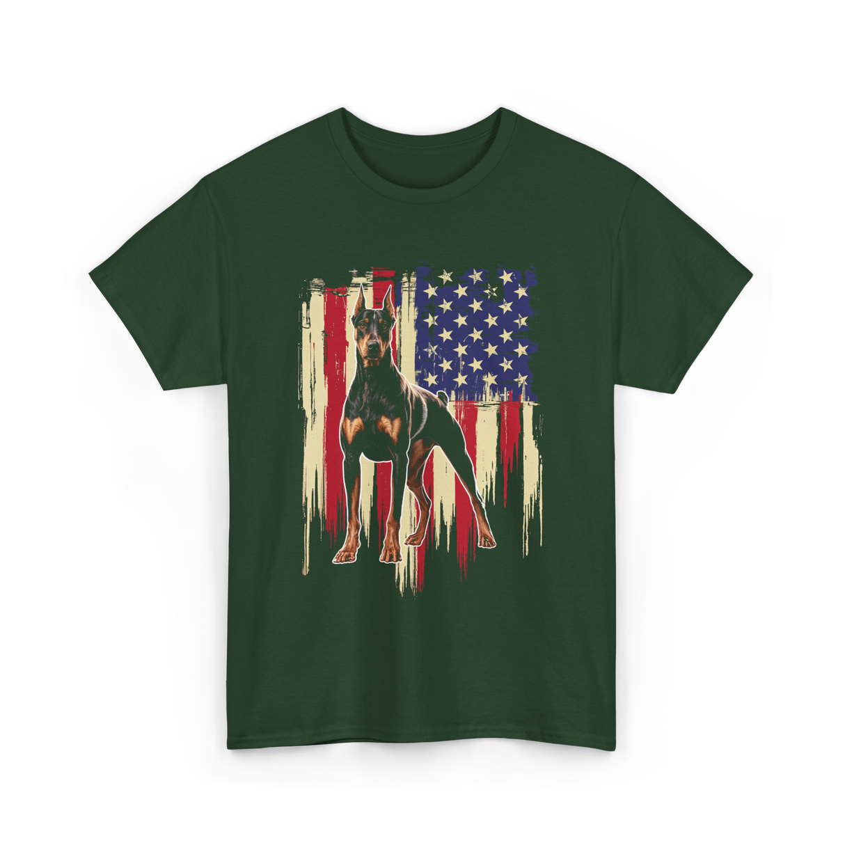 Doberman Pinscher American Flag Dog T-Shirt - Forest Green