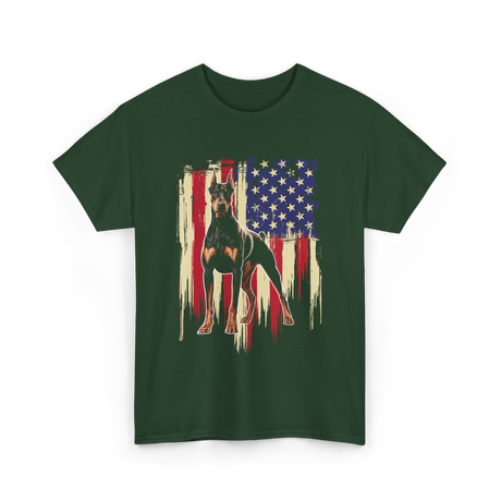 Doberman Pinscher American Flag Dog T-Shirt - Forest Green