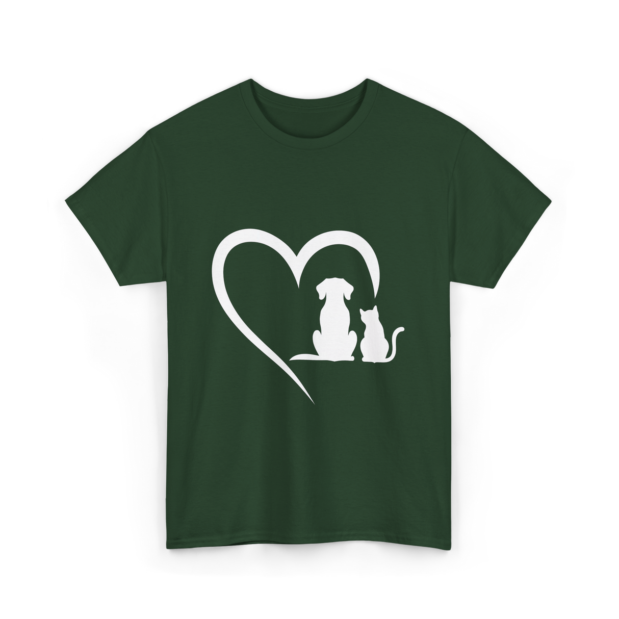 Dog and Cat Heart Animal T-Shirt - Forest Green