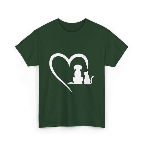 Dog and Cat Heart Animal T-Shirt - Forest Green