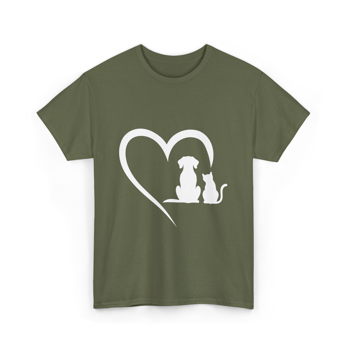 Dog and Cat Heart Animal T-Shirt - Military Green