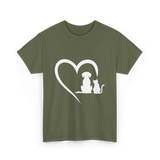 Dog and Cat Heart Animal T-Shirt - Military Green