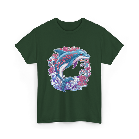 Dolphin Artwork Marine Life T-Shirt - Forest Green