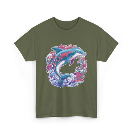 Dolphin Artwork Marine Life T-Shirt - Military Green