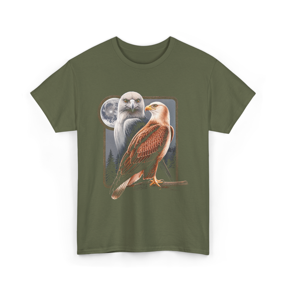 Eagle and Hawk Wildlife Art T-Shirt - Military Green