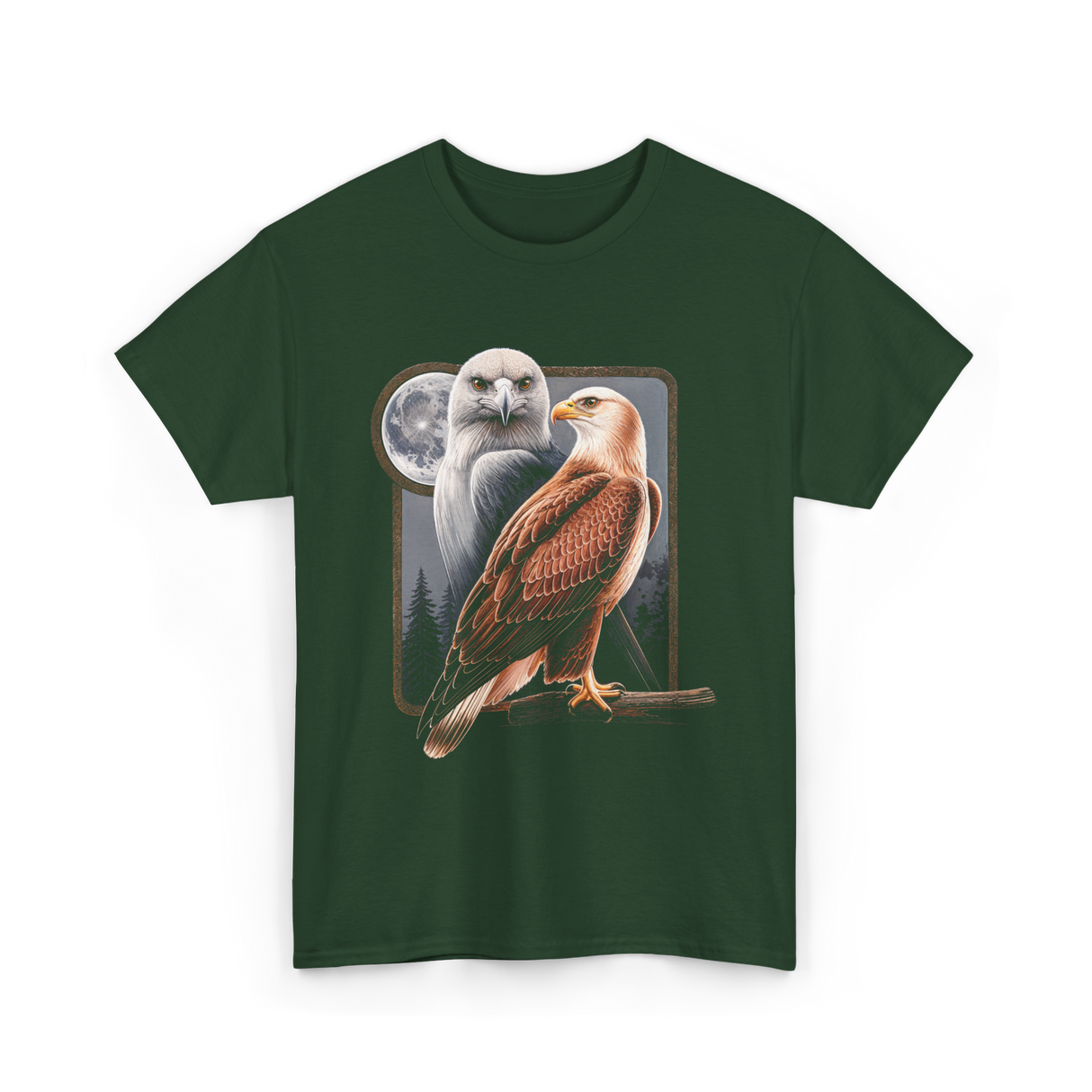 Eagle and Hawk Wildlife Art T-Shirt - Forest Green