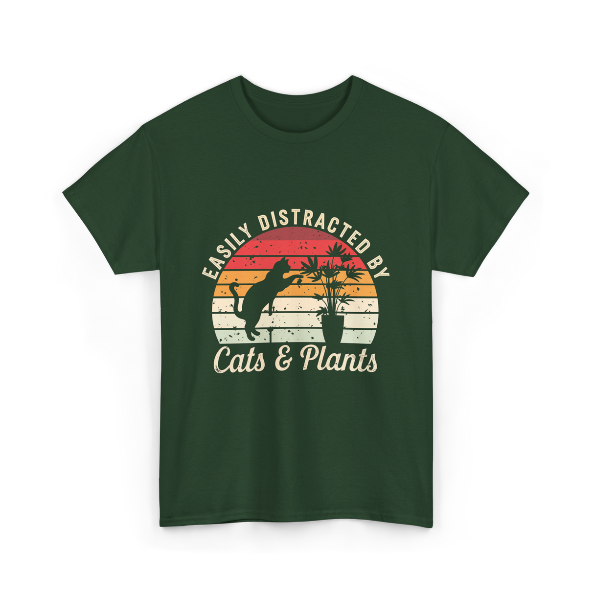 Easily Distracted By Cats Plants T-Shirt - Forest Green