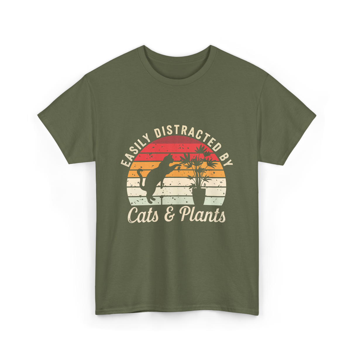 Easily Distracted By Cats Plants T-Shirt - Military Green