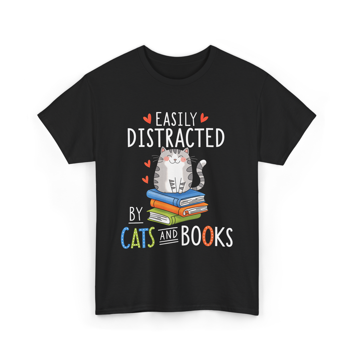 Easily Distracted Cats Books Lover T-Shirt - Black