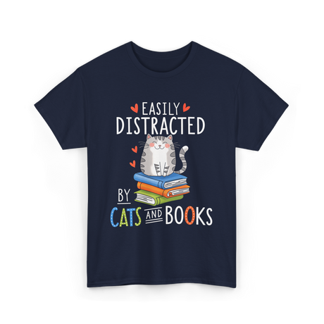 Easily Distracted Cats Books Lover T-Shirt - Navy