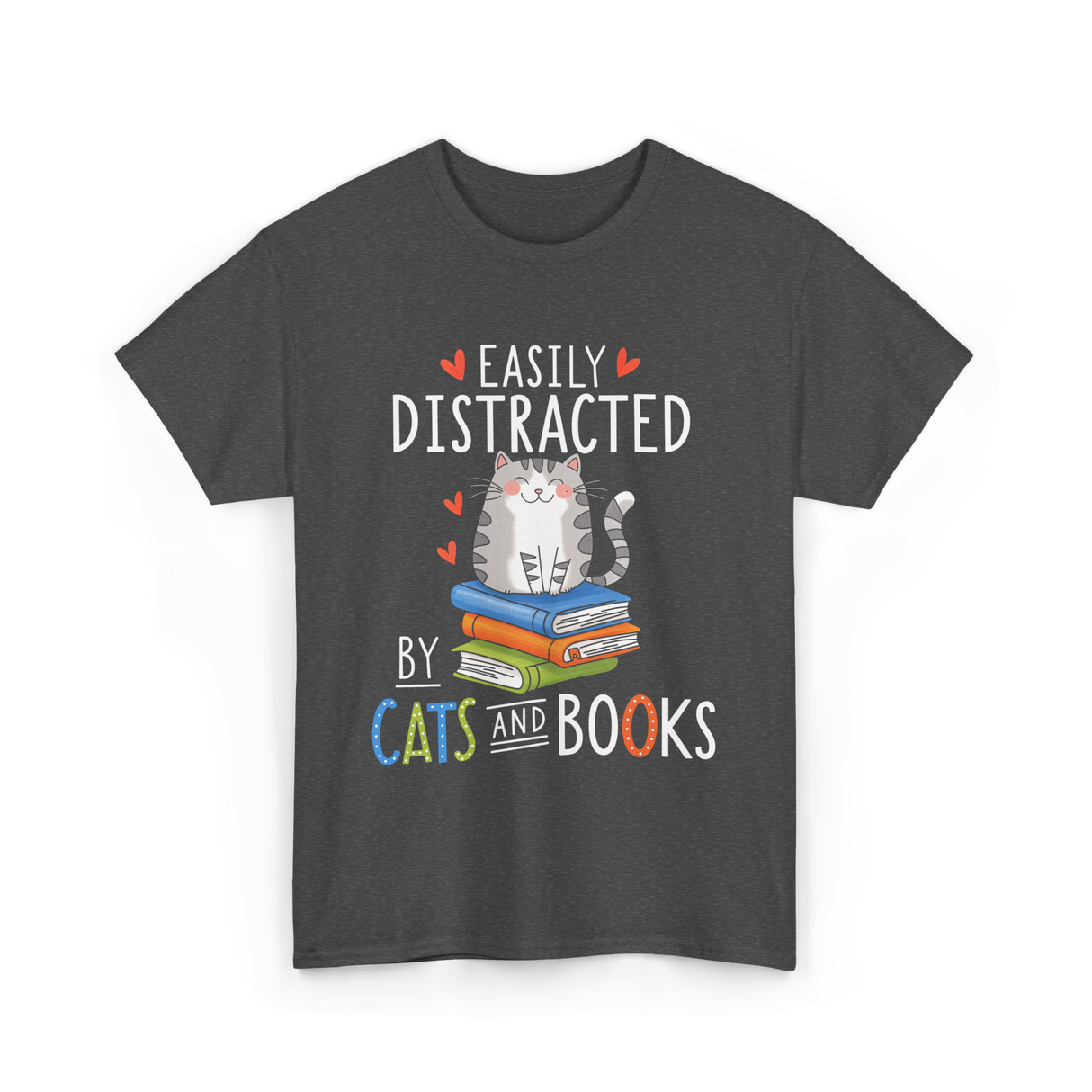 Easily Distracted Cats Books Lover T-Shirt - Dark Heather