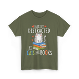 Easily Distracted Cats Books Lover T-Shirt - Military Green