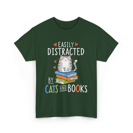 Easily Distracted Cats Books Lover T-Shirt - Forest Green