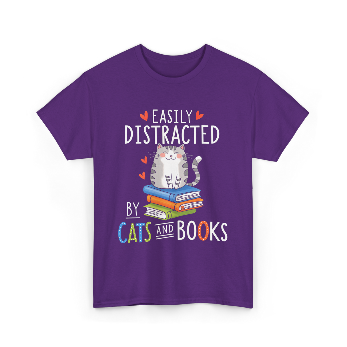 Easily Distracted Cats Books Lover T-Shirt - Purple