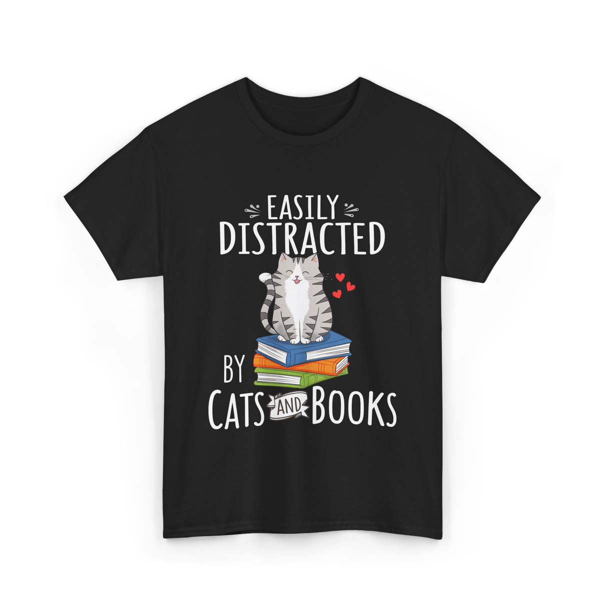 Easily Distracted Cats Books T-Shirt - Black