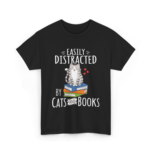 Easily Distracted Cats Books T-Shirt - Black