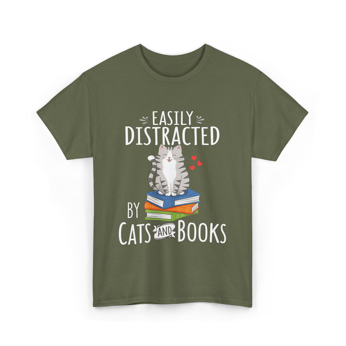 Easily Distracted Cats Books T-Shirt - Military Green