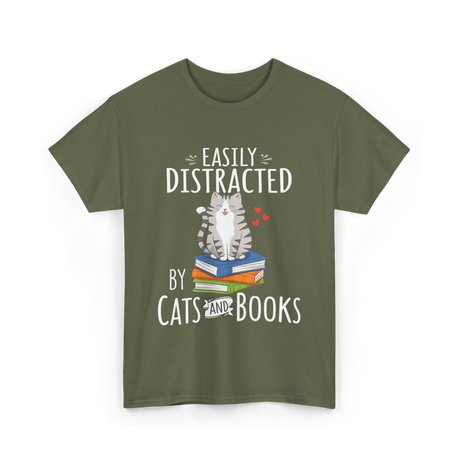 Easily Distracted Cats Books T-Shirt - Military Green