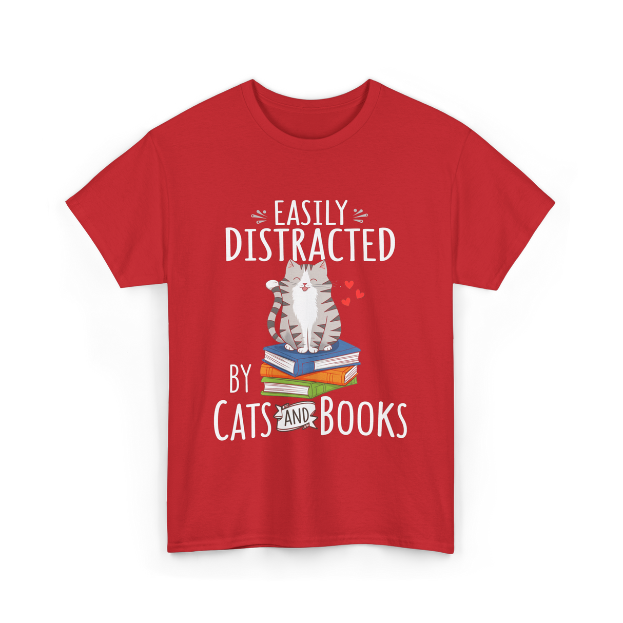 Easily Distracted Cats Books T-Shirt - Red