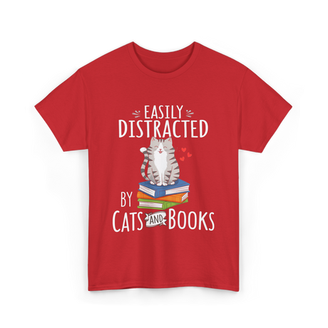 Easily Distracted Cats Books T-Shirt - Red