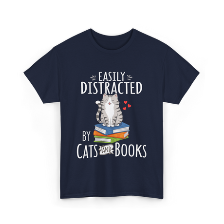 Easily Distracted Cats Books T-Shirt - Navy