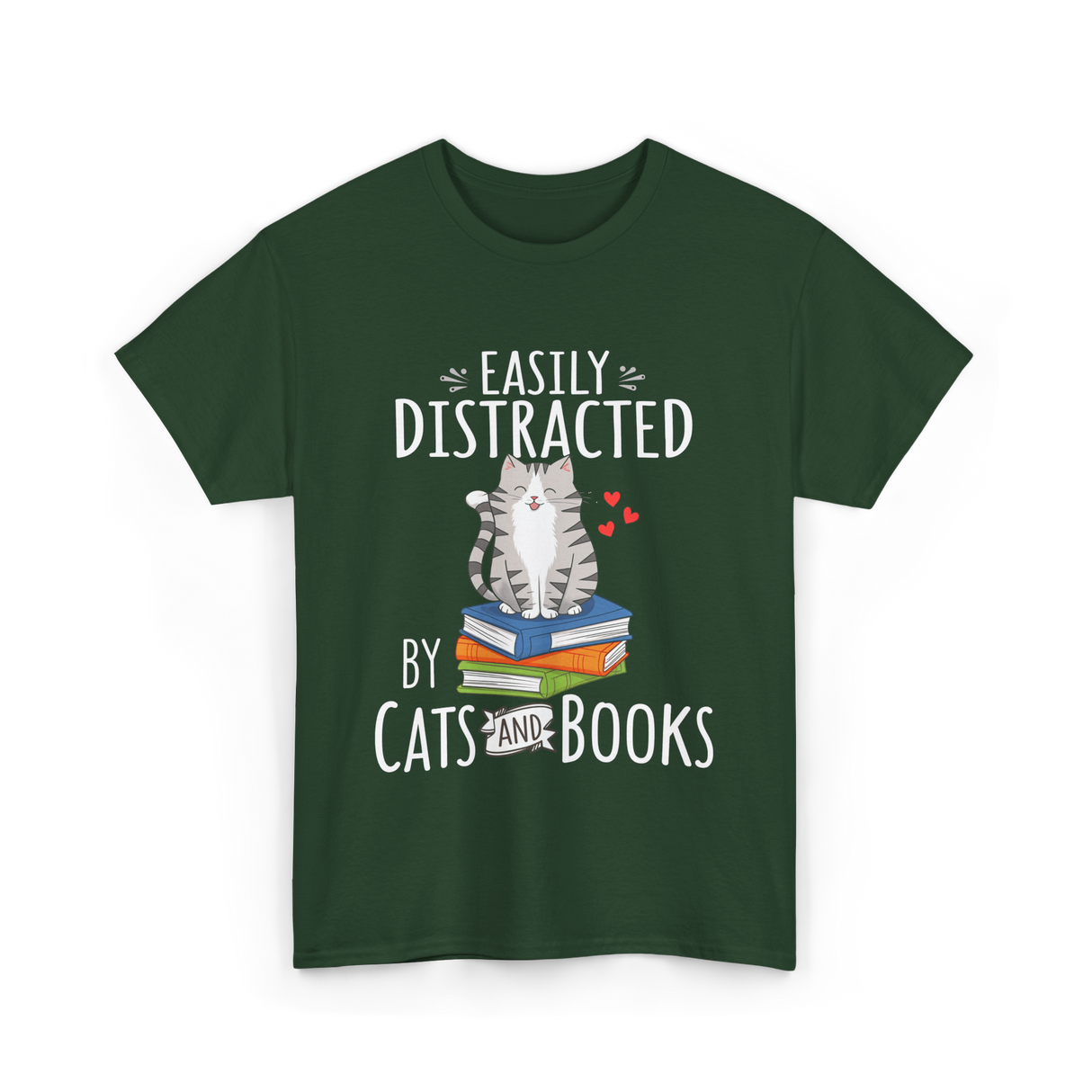 Easily Distracted Cats Books T-Shirt - Forest Green