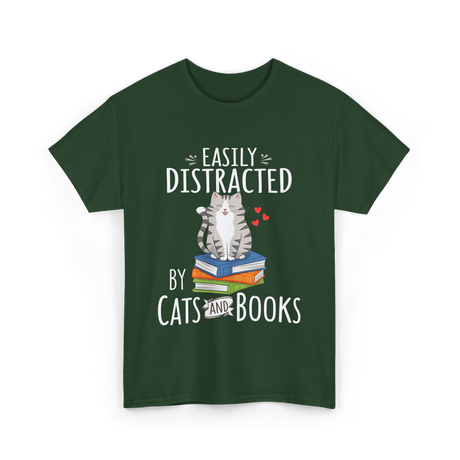 Easily Distracted Cats Books T-Shirt - Forest Green