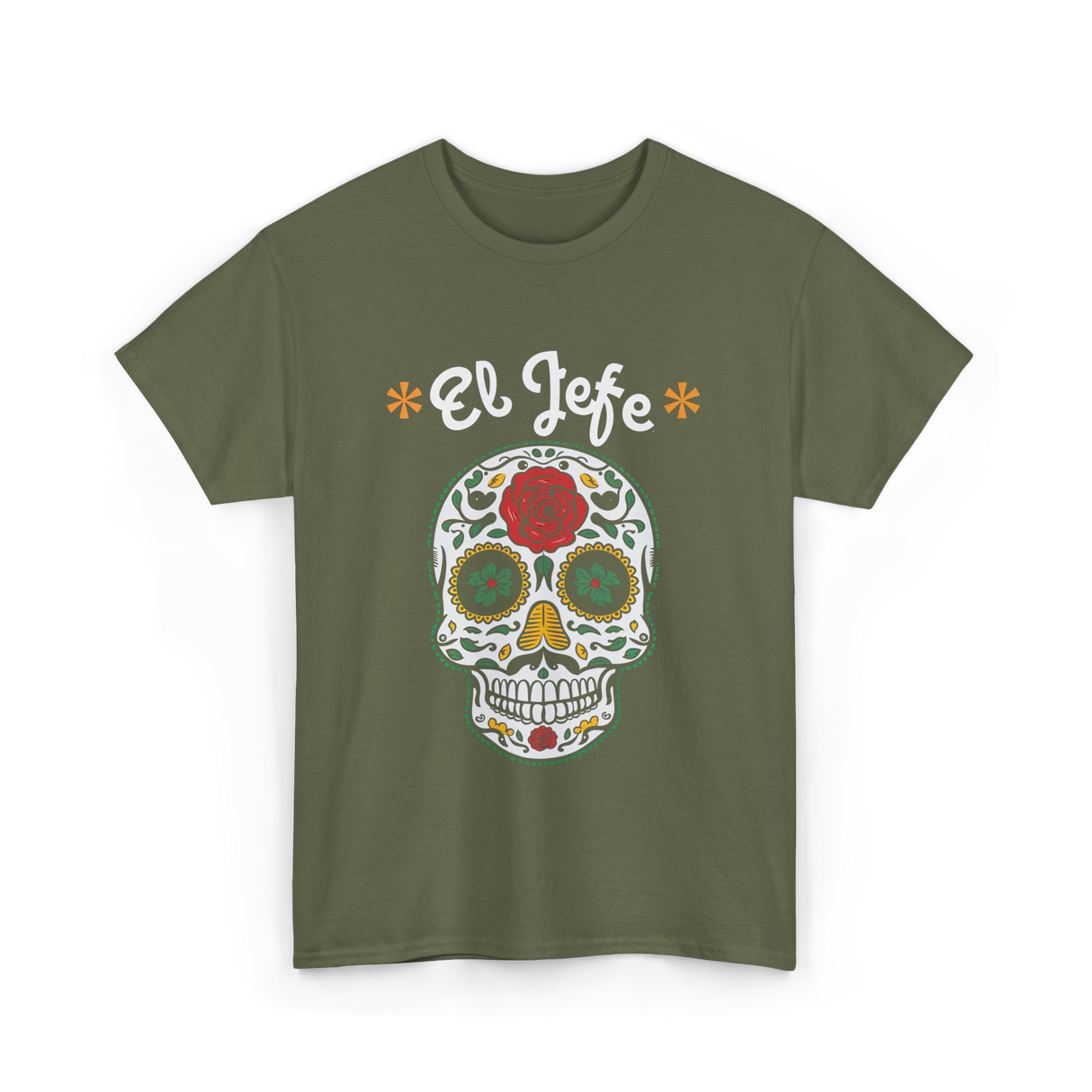 El Jefe Sugar Skull Art T-Shirt - Military Green