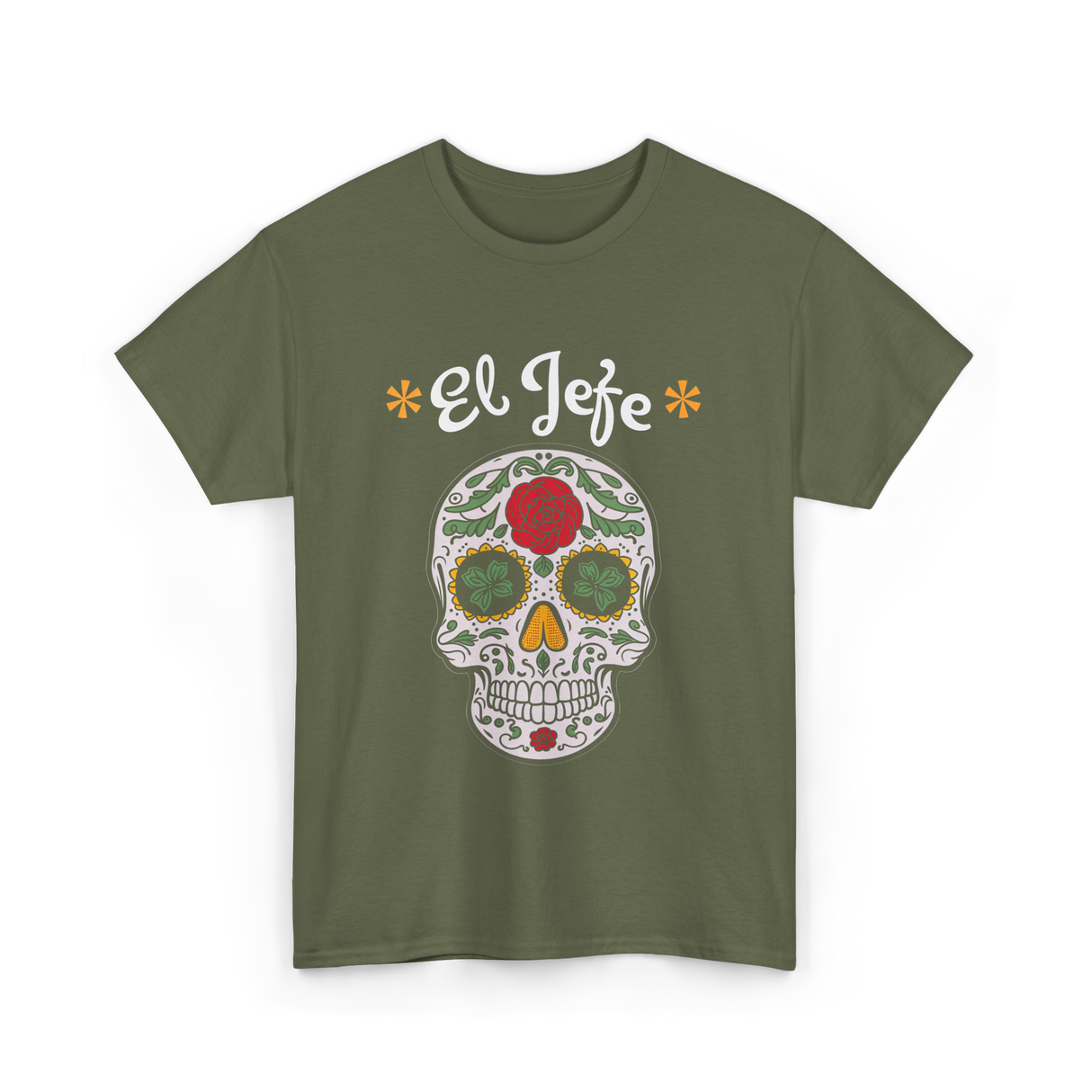 El Jefe Sugar Skull Dia De Los Muertos T-Shirt - Military Green