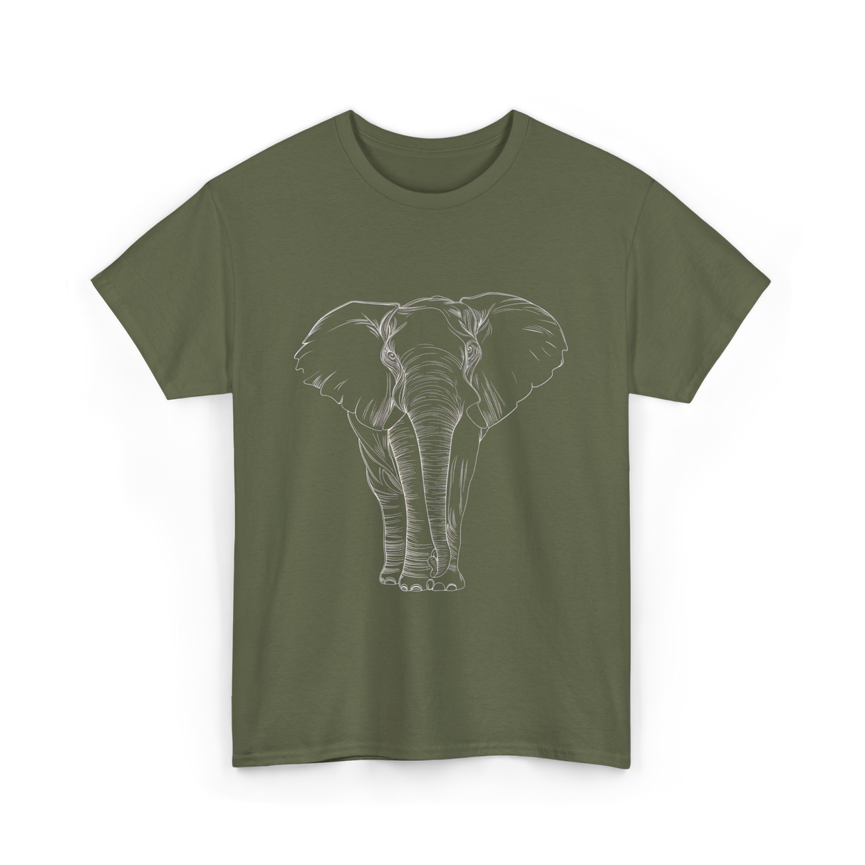 Elephant Portrait Line Art Elephant T-Shirt - Military Green