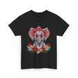 Elephant with Flowers Cute Design T-Shirt - Black