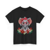 Elephant with Flowers Cute Design T-Shirt - Black