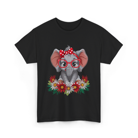 Elephant with Flowers Cute Design T-Shirt - Black