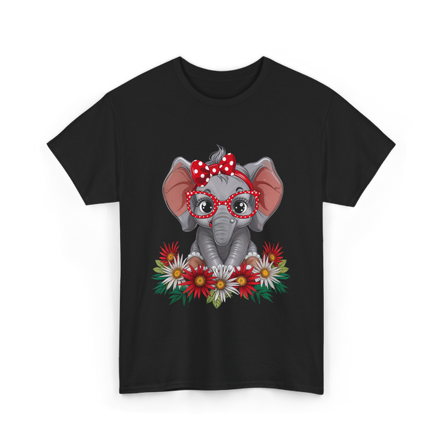 Elephant with Flowers Cute Design T-Shirt - Black