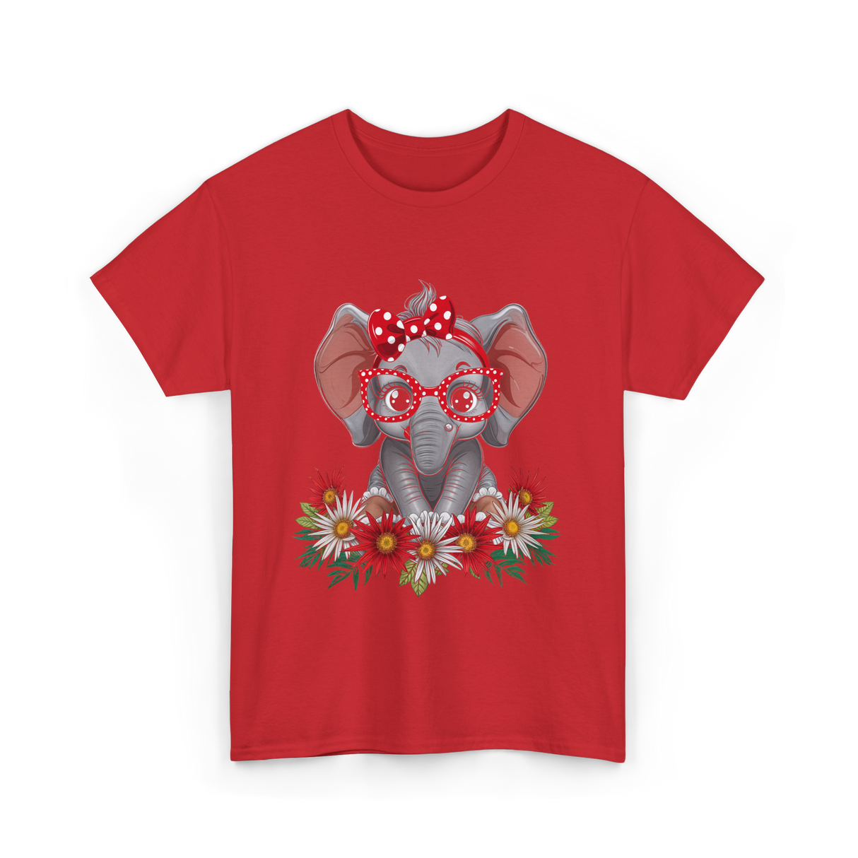 Elephant with Flowers Cute Design T-Shirt - Red