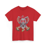 Elephant with Flowers Cute Design T-Shirt - Red