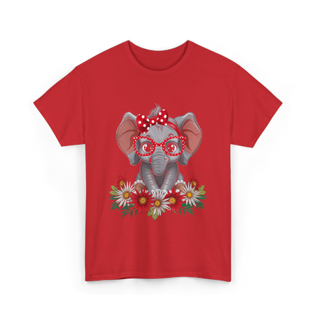 Elephant with Flowers Cute Design T-Shirt - Red