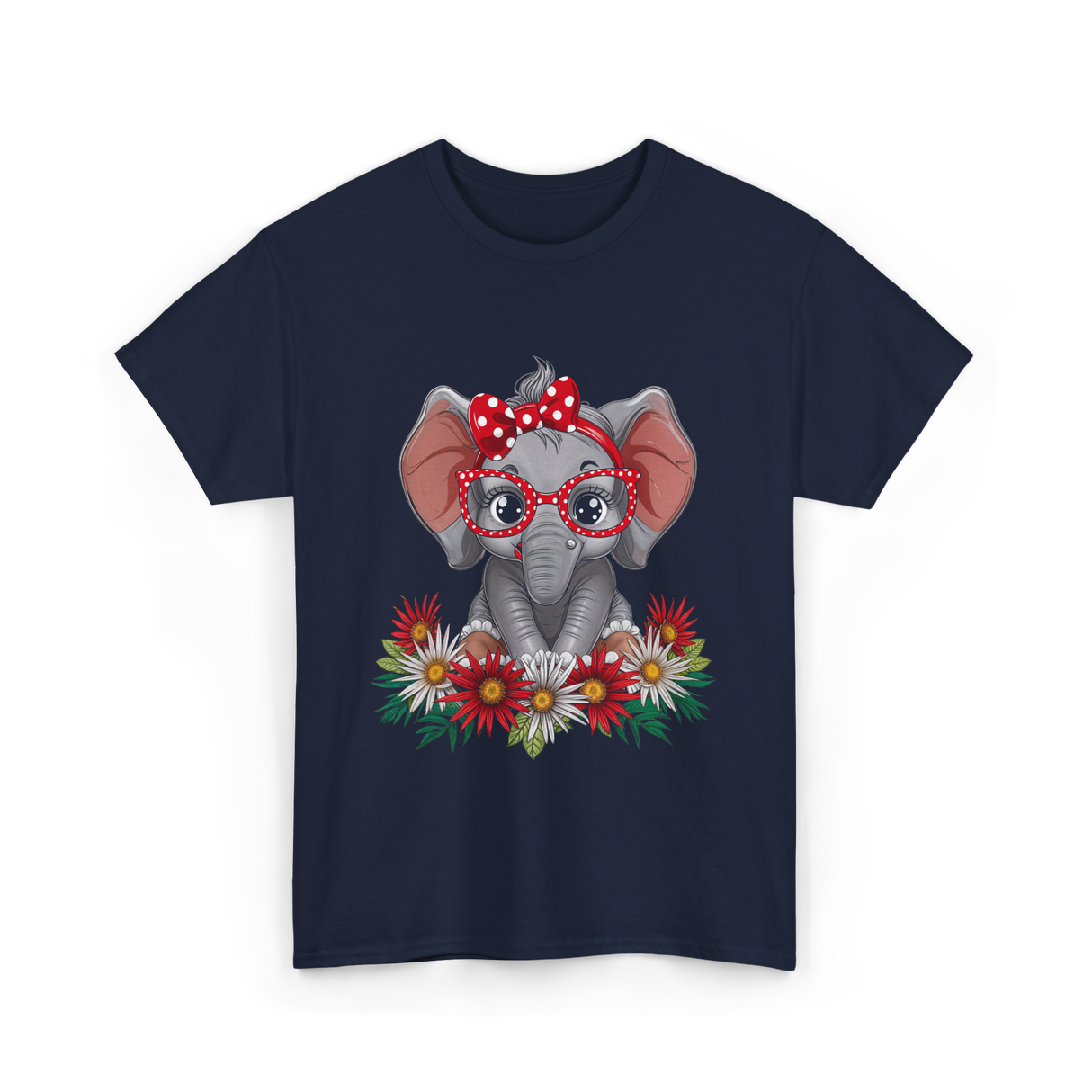 Elephant with Flowers Cute Design T-Shirt - Navy