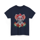 Elephant with Flowers Cute Design T-Shirt - Navy