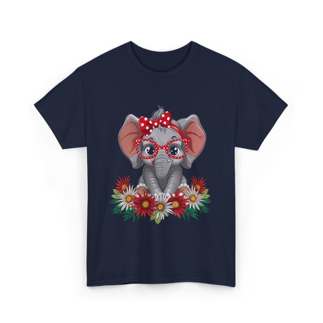 Elephant with Flowers Cute Design T-Shirt - Navy